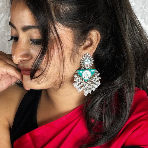 Boho Meenakari Pearl Cascade Earrings from Trenzify Store.