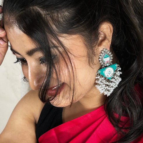 Boho Meenakari Pearl Cascade Earrings from Trenzify Store.