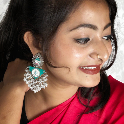 Boho Meenakari Pearl Cascade Earrings from Trenzify Store.