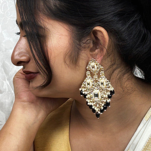 Black Beaded Kundan Chandelier Earrings from Trenzify Store.