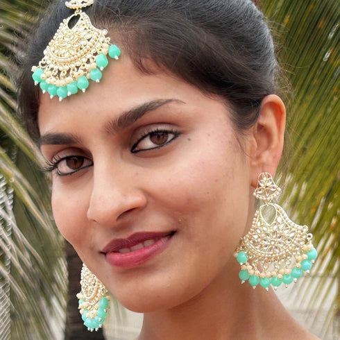 Mint Green Beaded Kundan Earrings & Maang Tikka Set from Trenzify Store.