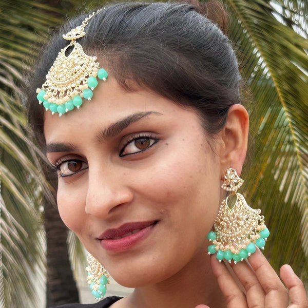Mint Green Beaded Kundan Earrings & Maang Tikka Set from Trenzify Store.