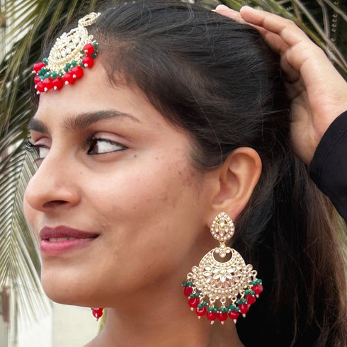 Red and Green Beaded Kundan Earrings and Maang Tikka Set from Trenzify Store.