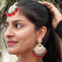 Red and Green Beaded Kundan Earrings and Maang Tikka Set from Trenzify Store.
