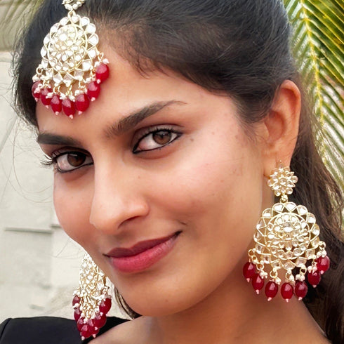 Maroon Beaded Kundan Earrings & Maang Tikka Set from Trenzify Store.