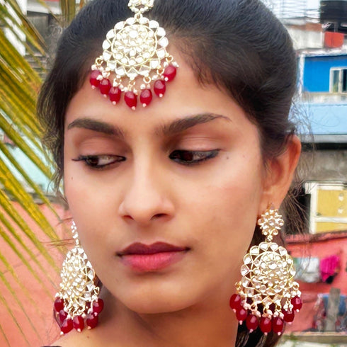 Maroon Beaded Kundan Earrings & Maang Tikka Set from Trenzify Store.