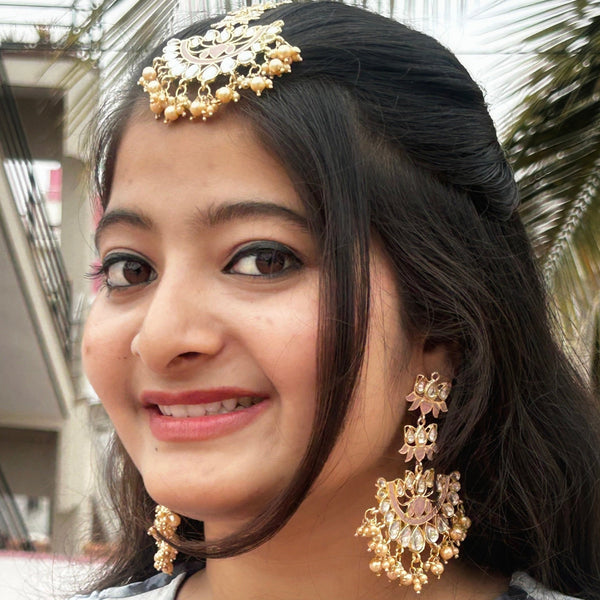 Red and Pearl Kundan Earrings with Maang Tikka from Trenzify Store.