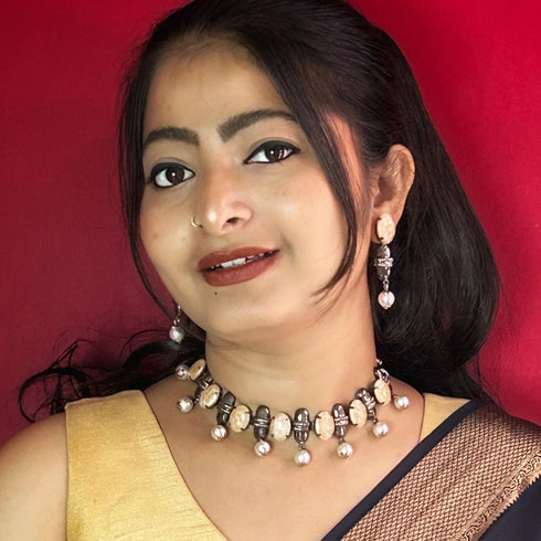 Peach Beaded Oxidised Necklace Set from Trenzify Store.