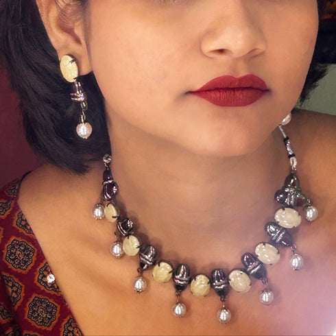 White Beaded Oxidised Necklace Set from Trenzify Store.