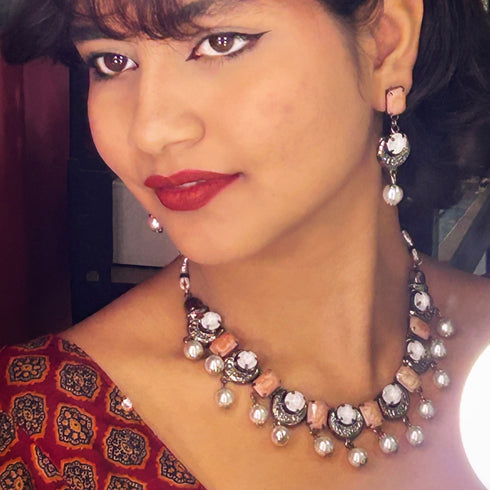 Peach Dual-Tone Beaded Oxidised Necklace Set from Trenzify Store.