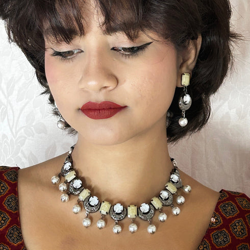 White Dual-Tone Beaded Oxidised Necklace Set from Trenzify Store.