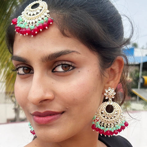Red & Green Beaded Kundan Earrings & Maang Tikka Set from Trenzify Store.