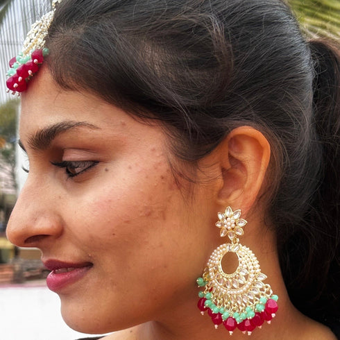 Red & Green Beaded Kundan Earrings & Maang Tikka Set from Trenzify Store.