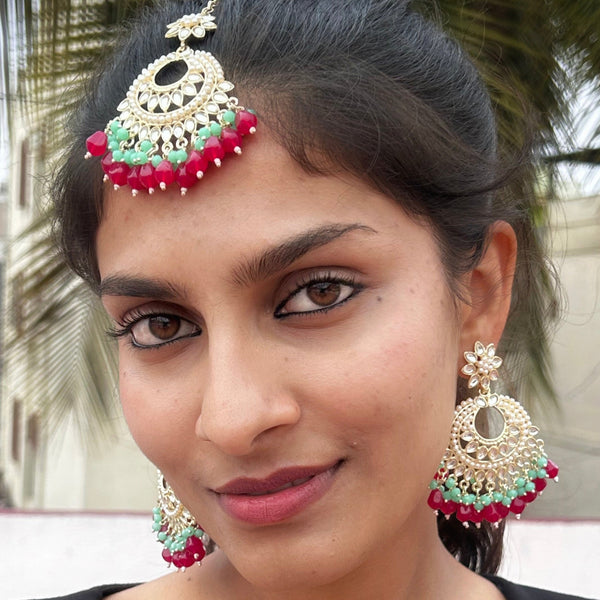 Red & Green Beaded Kundan Earrings & Maang Tikka Set from Trenzify Store.