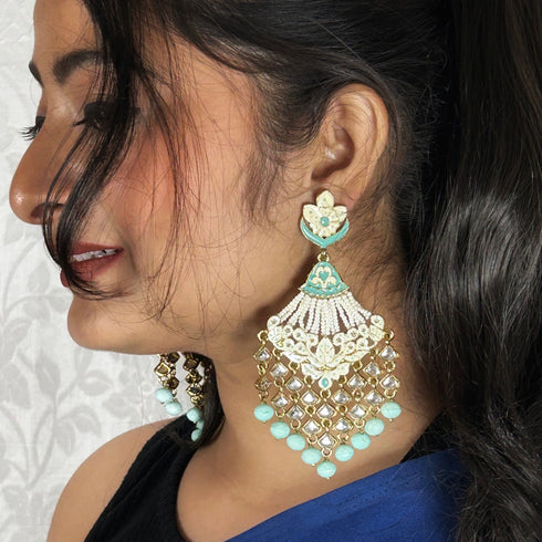 Mint Meenakari Layered Kundan Chandeliers from Trenzify Store.