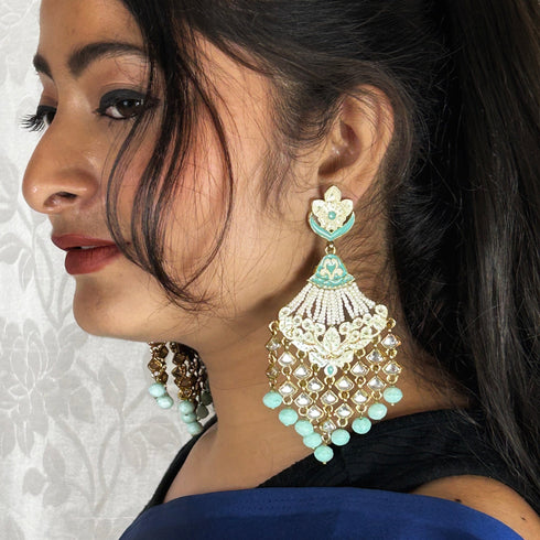 Mint Meenakari Layered Kundan Chandeliers from Trenzify Store.