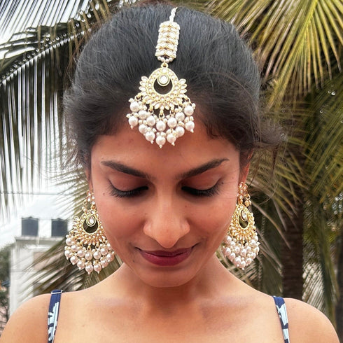White Pearl Kundan Earrings & Maang Tikka Set from Trenzify Store.