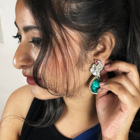 Peacock Radiance Kundan Drop Earrings from Trenzify Store.