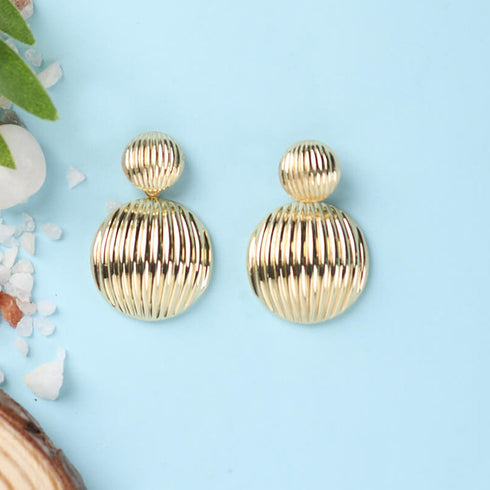 Golden double dome anti-tarnish earrings with ribbed texture, bold statement jewelry from Trenzify Store.