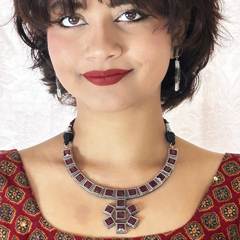 Oxidised Maroon Stone Necklace Set from Trenzify Store.
