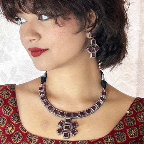 Oxidised Maroon Stone Necklace Set from Trenzify Store.