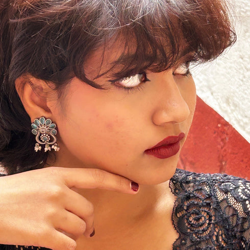 Oxidized Silver Turquoise Floral Earrings with Pearl Drops from Trenzify Store.