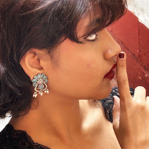 Oxidized Silver Turquoise Floral Earrings with Pearl Drops from Trenzify Store.