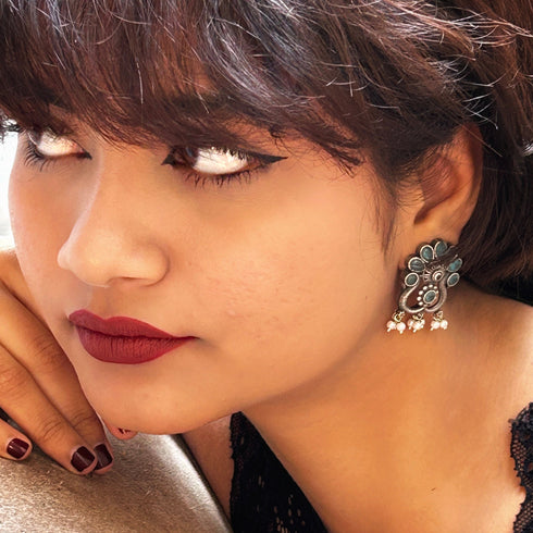 Oxidized Silver Turquoise Floral Earrings with Pearl Drops from Trenzify Store.