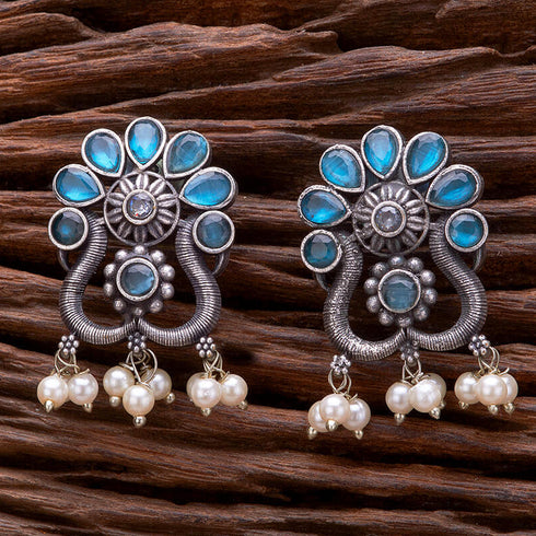 Oxidized Silver Turquoise Floral Earrings with Pearl Drops from Trenzify Store.