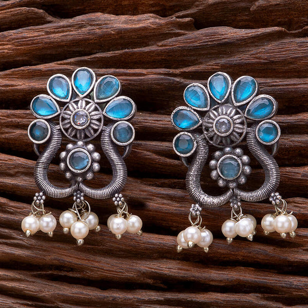 Oxidized Silver Turquoise Floral Earrings with Pearl Drops from Trenzify Store.