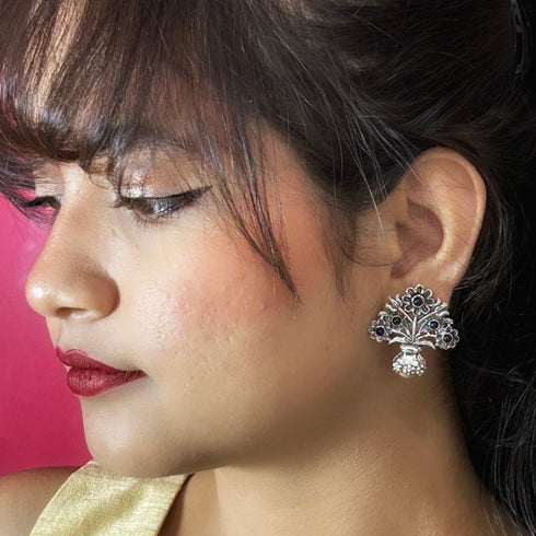 Oxidized Silver Floral Pot Earrings with Black Stone Accents from Trenzify Store.