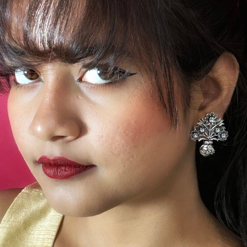 Oxidized Silver Floral Pot Earrings with White Stone Accents from Trenzify Store.