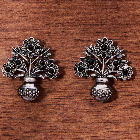 Oxidized Silver Floral Pot Earrings with Black Stone Accents from Trenzify Store.