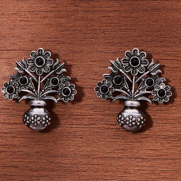 Oxidized Silver Floral Pot Earrings with Black Stone Accents from Trenzify Store.