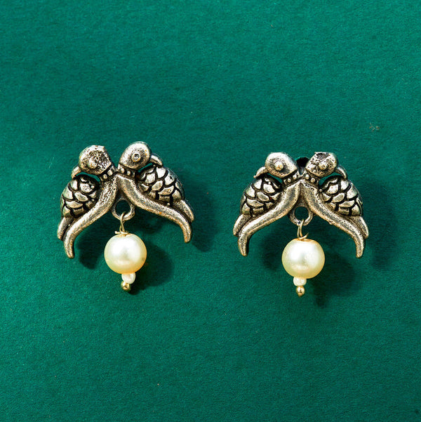 Antique Oxidised Silver Lovebird Earrings with Pearl Drop from Trenzify Store.