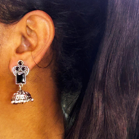 Traditional Silver Jhumka Earrings with Colored Stones & Pearl Drops from Trenzify Store.