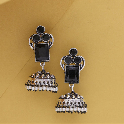 Traditional Silver Jhumka Earrings with Colored Stones & Pearl Drops from Trenzify Store.