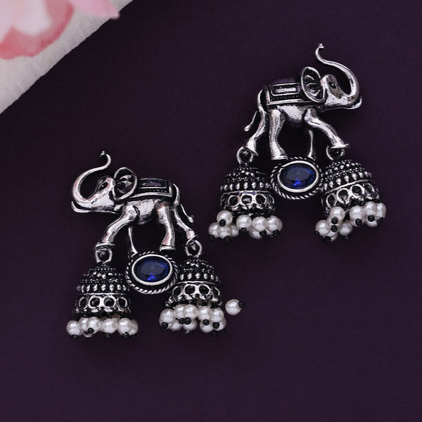 Oxidized silver elephant jhumka earrings with blue stone and pearl beads, traditional Indian ethnic jewelry for women. From Trenzify Store.