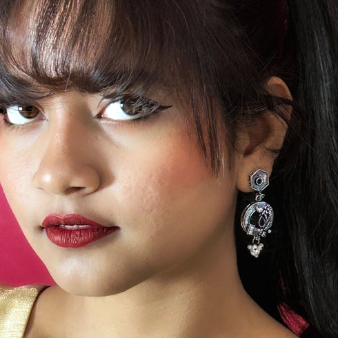 Antique Oxidized Silver-Plated Pearl Dangle Earrings from Trenzify Store.