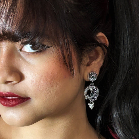 Antique Oxidized Silver-Plated Pearl Dangle Earrings from Trenzify Store.