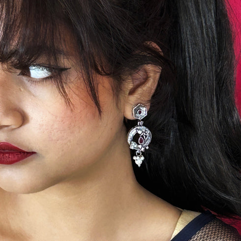 Antique Oxidized Silver-Plated Pearl Dangle Earrings from Trenzify Store.