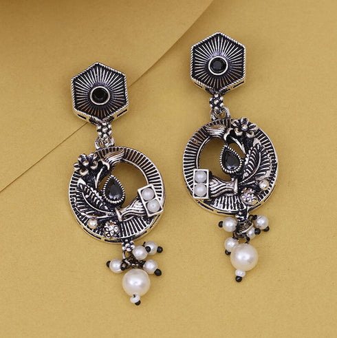 Antique Oxidized Silver-Plated Pearl Dangle Earrings from Trenzify Store.