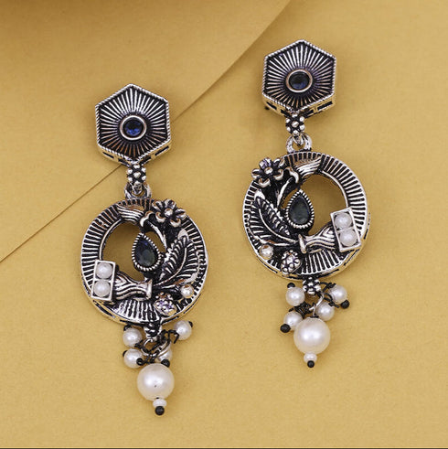 Antique Oxidized Silver-Plated Pearl Dangle Earrings from Trenzify Store.