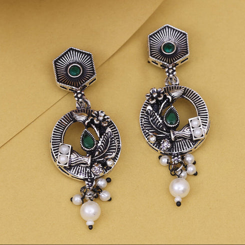 Antique Oxidized Silver-Plated Pearl Dangle Earrings from Trenzify Store.