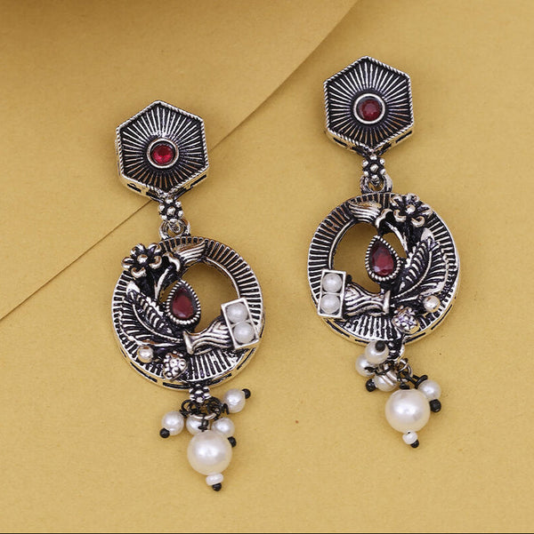 Antique Oxidized Silver-Plated Pearl Dangle Earrings from Trenzify Store.