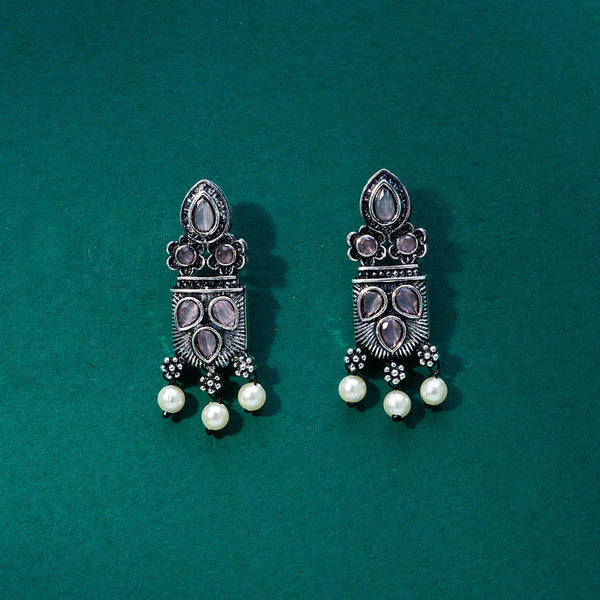 Silver earrings with pink gemstones and pearl accents, featuring a beautifully ornate design. From Trenzify Store.