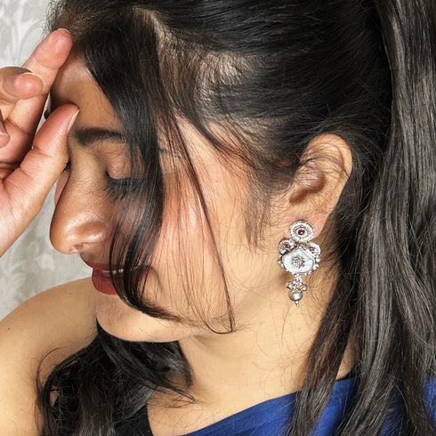 Elegant Silver & Ruby Filigree Drop Earrings from Trenzify Store.