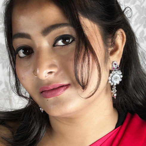 Ornate Silver & Ruby Filigree Drop Earrings from Trenzify Store.