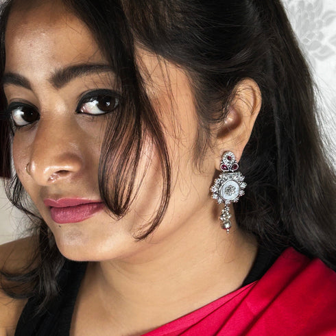 Ornate Silver & Ruby Filigree Drop Earrings from Trenzify Store.