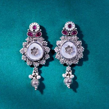Ornate Silver & Ruby Filigree Drop Earrings from Trenzify Store.